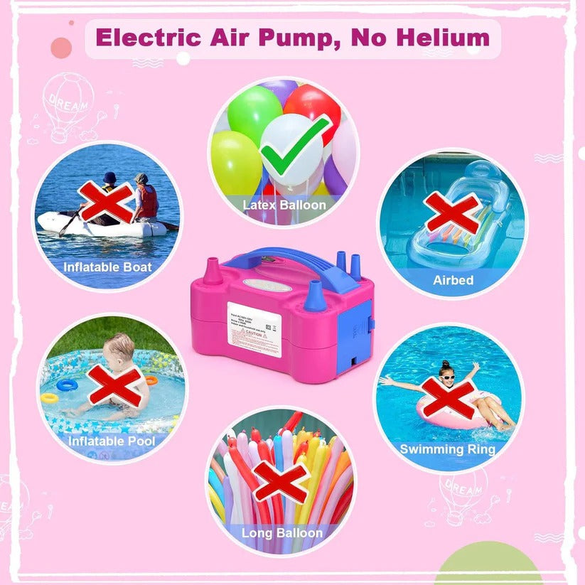 Dual nozzle electric balloon pump for quick party decor. Perfect for birthdays, baby showers, and holiday events.