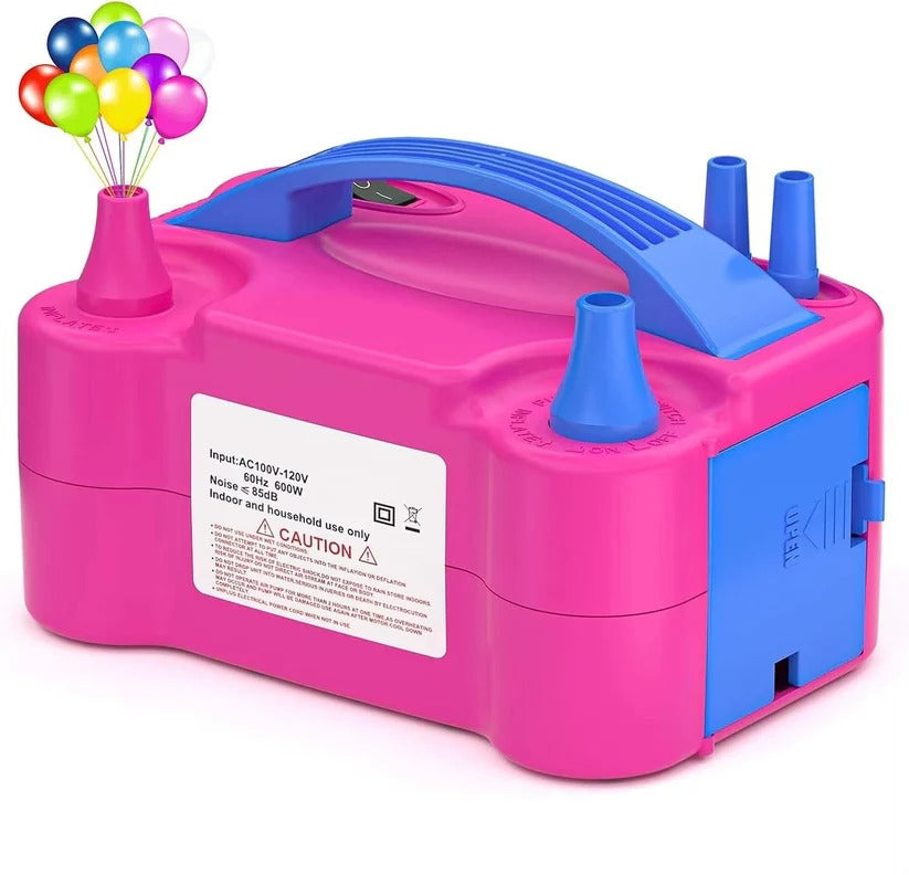 Hands-free electric balloon inflator with dual nozzles for fast party decoration setup and event planning.