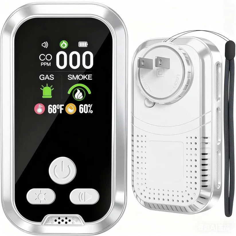 Compact rechargeable CO, gas & smoke alarm for home/RV safety. Detects carbon monoxide & flammable gas with LCD alerts.