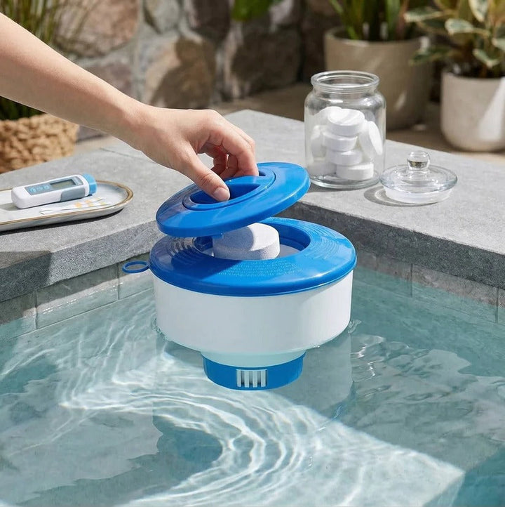 Adjustable pool chemical floater for efficient chlorine & bromine dispensing in pools & spas.