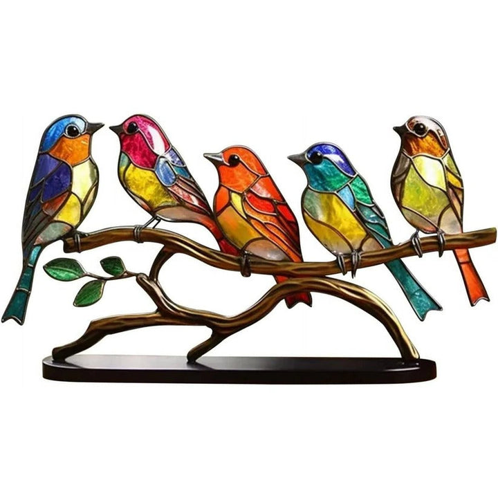 Stained glass bird figurine tabletop suncatcher. Handcrafted colorful glass bird decor for home accent.