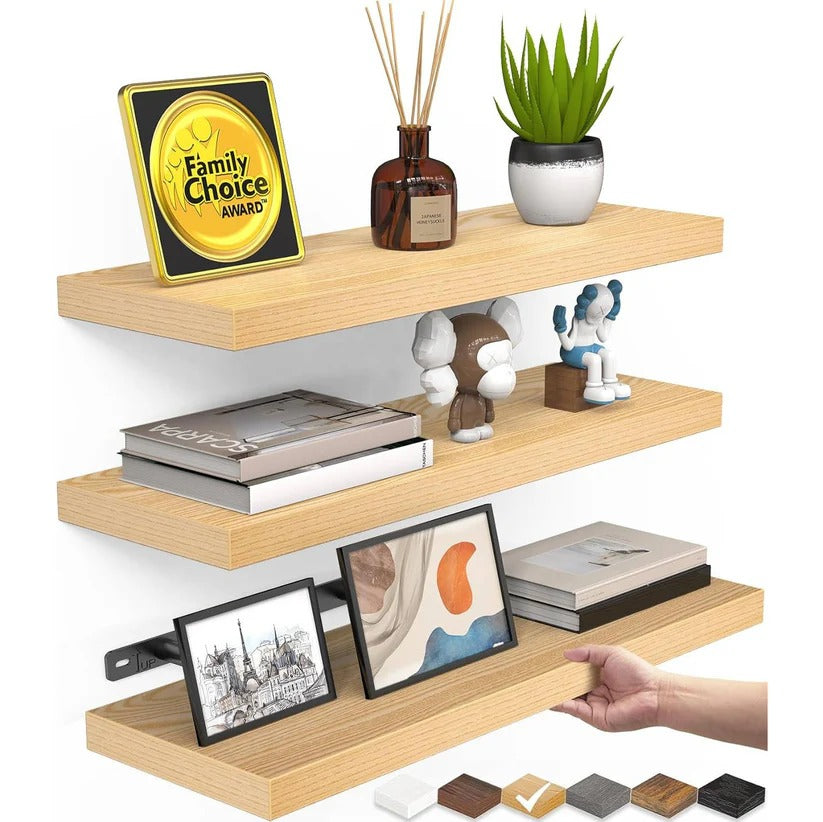 Rustic floating wooden shelves, adding modern farmhouse charm to any wall decor.