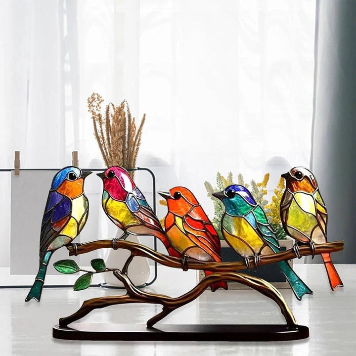 Vibrant stained glass bird suncatcher. Tabletop shelf decor, desk accessory for living room or bedroom.
