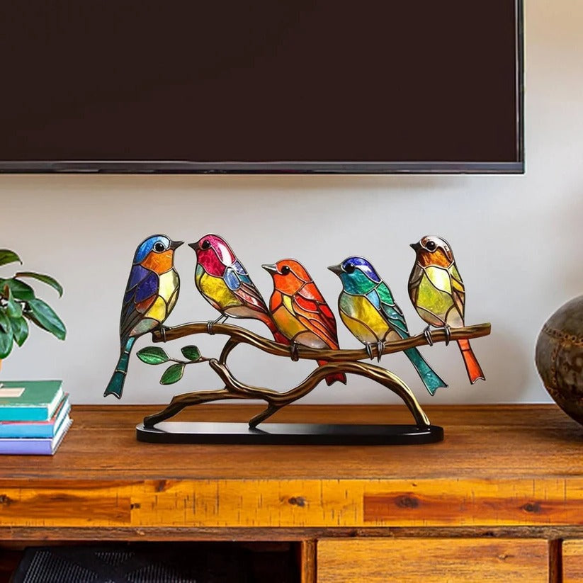 Handcrafted stained glass bird figurine. Decorative art suncatcher for tabletop display & home decor.