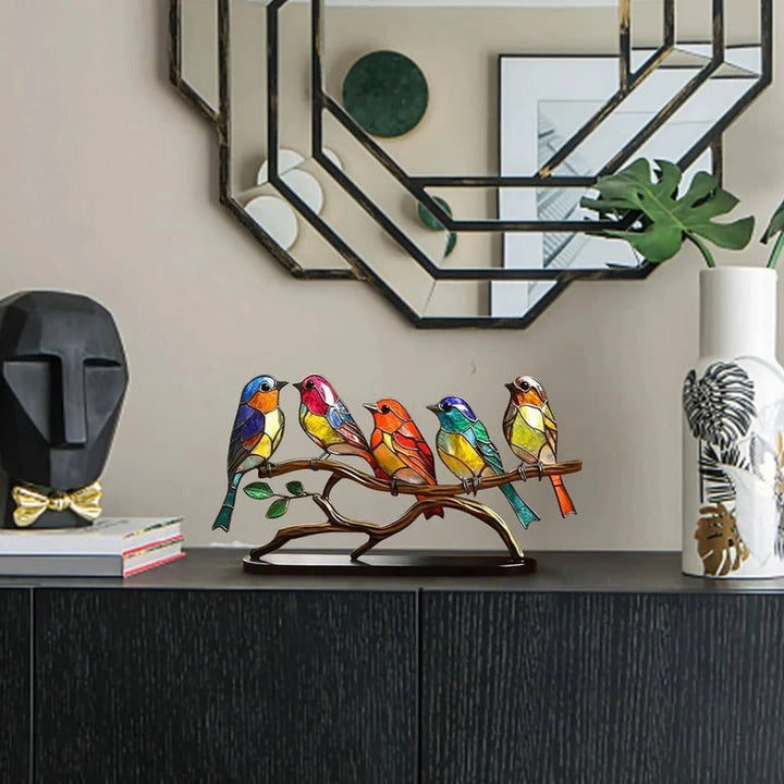 Colorful stained glass bird suncatcher figurine. Desk accessory or tabletop decor bringing vibrant light.