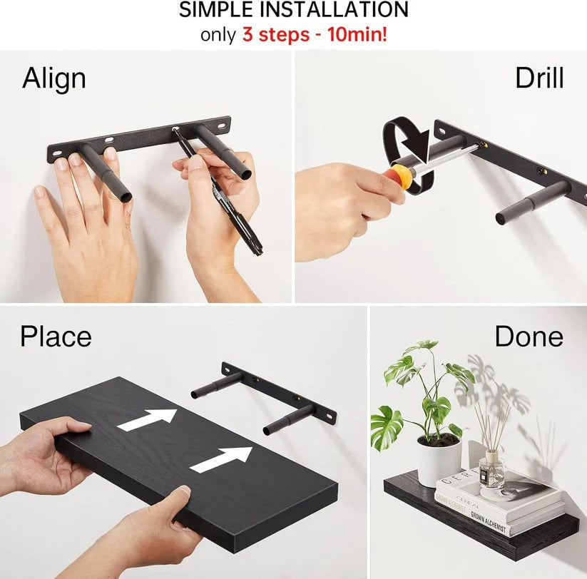 Set of rustic wooden floating shelves, enhancing modern farmhouse wall decor.