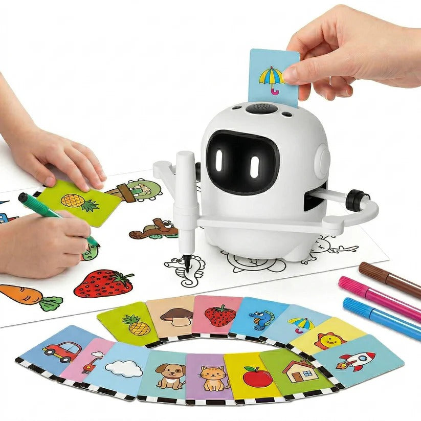 Kids' voice interactive drawing robot with activity cards, teaching art & creativity to preschoolers.