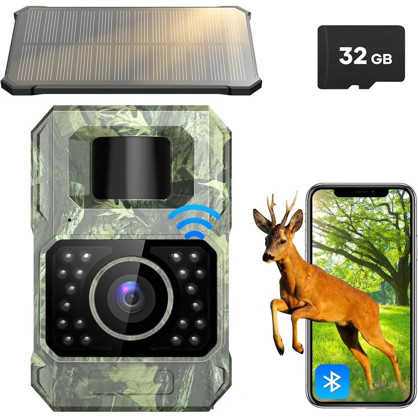 Solar-powered 48MP trail camera with night vision, perfect for outdoor wildlife monitoring. IP66 waterproof & motion activated.