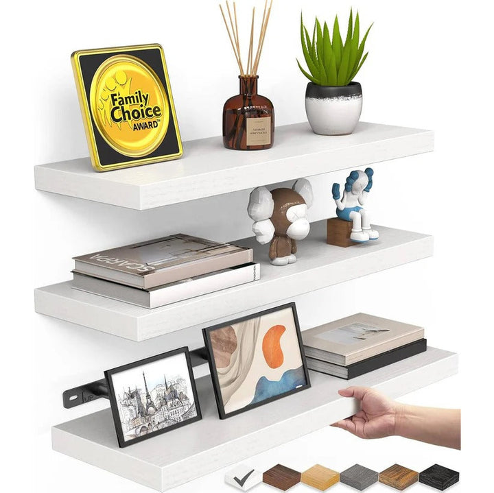 Set of rustic wooden wall shelves, perfect decorative storage for living room or bedroom.