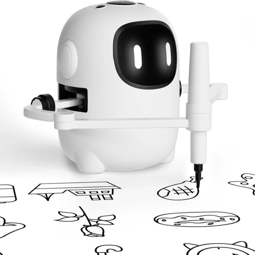 Educational drawing robot for kids, featuring voice interaction and 150 art activity cards for creative learning.
