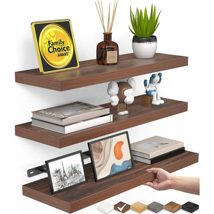 Engineered wood rustic floating shelves for elegant wall decor & home organization.