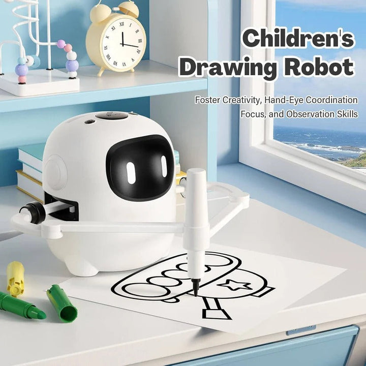 Kids' voice interactive drawing robot with 150 activity cards, an engaging learning toy for preschool art & creativity.