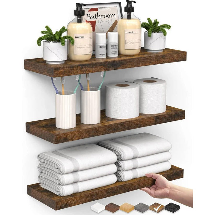 Rustic wooden bathroom floating shelves, perfect for stylish storage & wall decor.