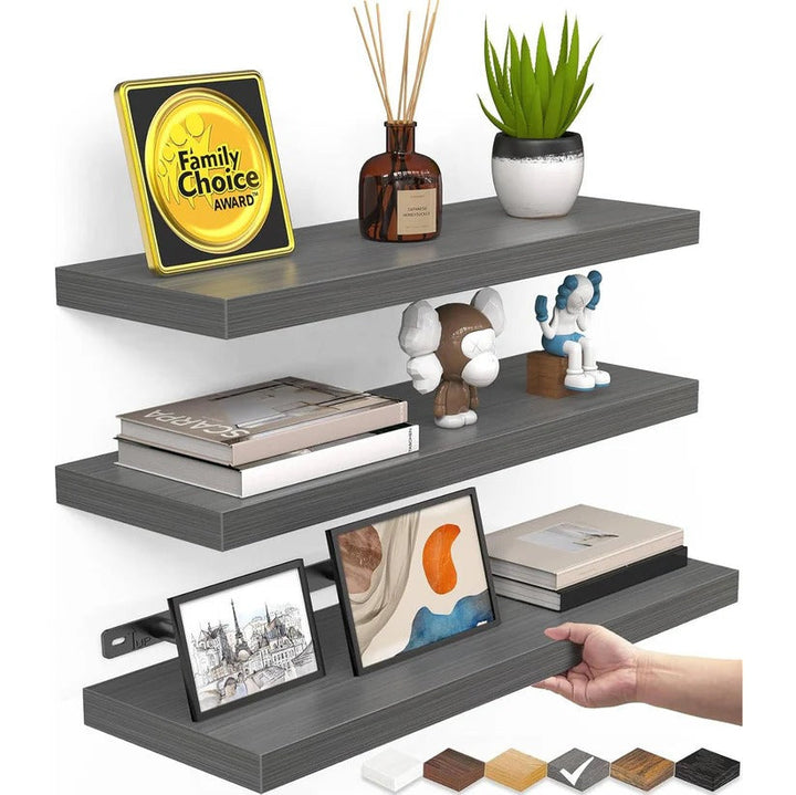 Elegant rustic wooden bedroom wall shelves for decorative display & organization.