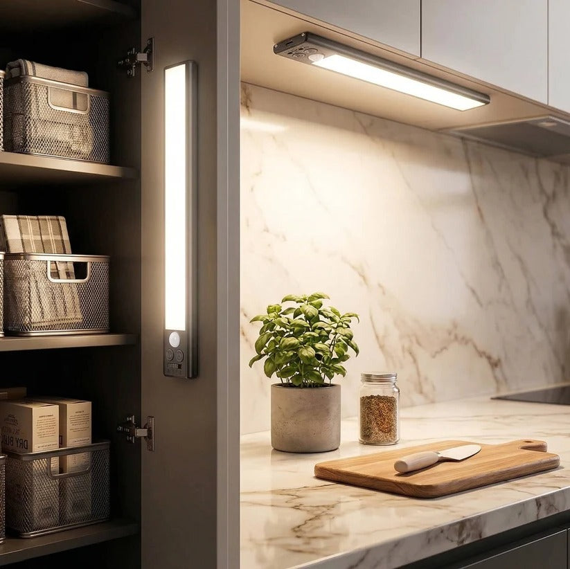 Rechargeable LED under cabinet lights (set of 2). Dimmable with motion sensor for versatile home & kitchen.