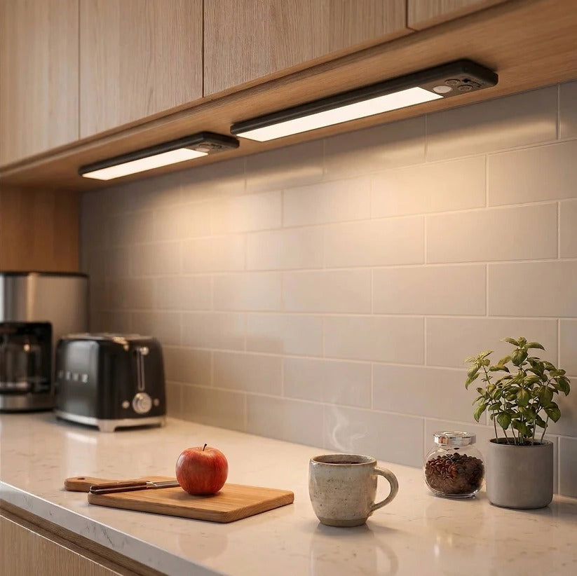 Dimmable LED under cabinet lights (set of 2) with motion sensor. Rechargeable for customizable kitchen & home.