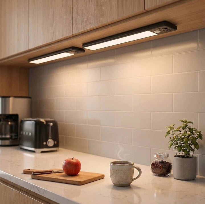 Dimmable LED under cabinet lights (set of 2) with motion sensor. Rechargeable for customizable kitchen & home.