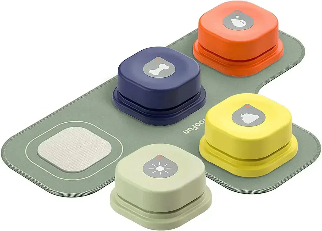 Happy dog presses an interactive communication button, learning canine speech. Fun pet training and mental stimulation.