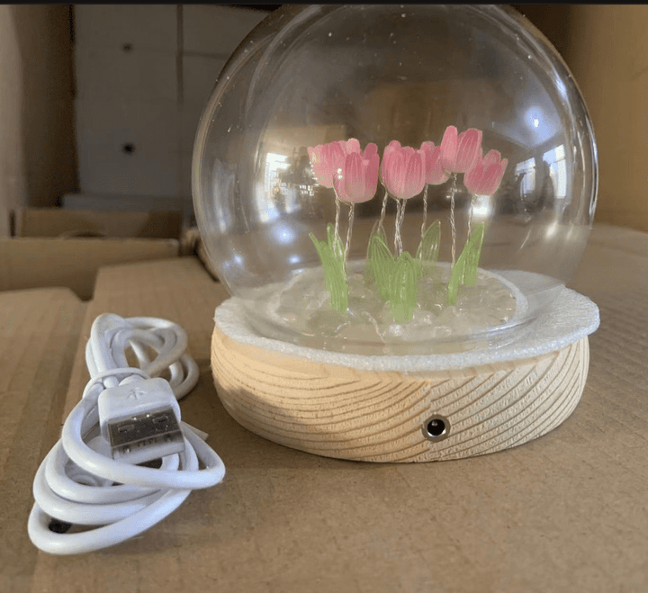 Elegant tulip night light with warm LED glow, a decorative table lamp for tranquil bedrooms.