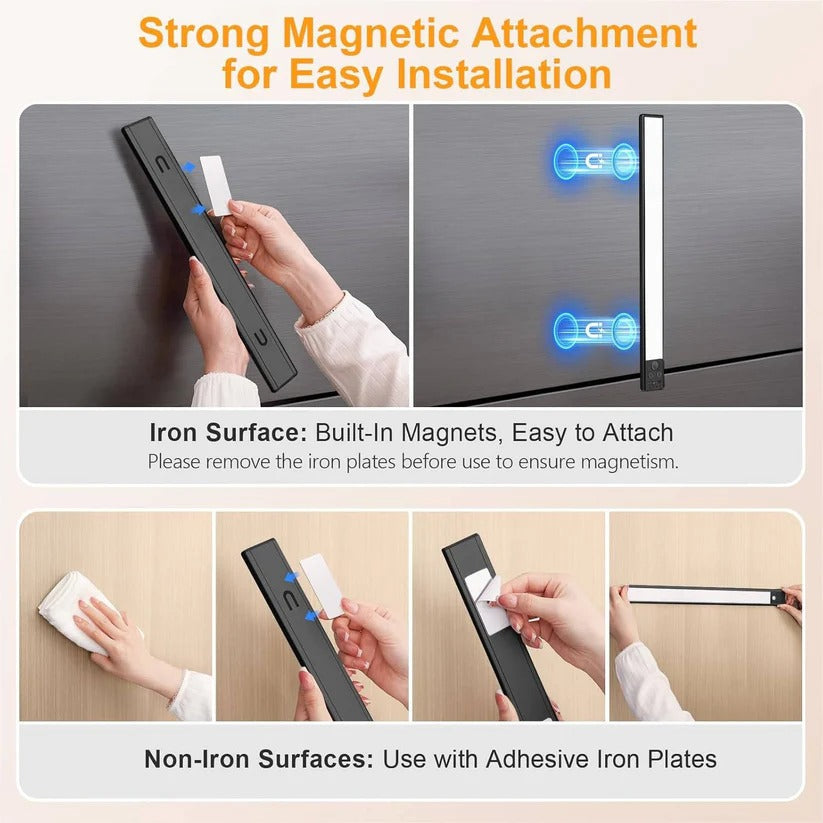 Sleek rechargeable LED under cabinet light, dimmable with motion sensor. Modern home kitchen lighting.