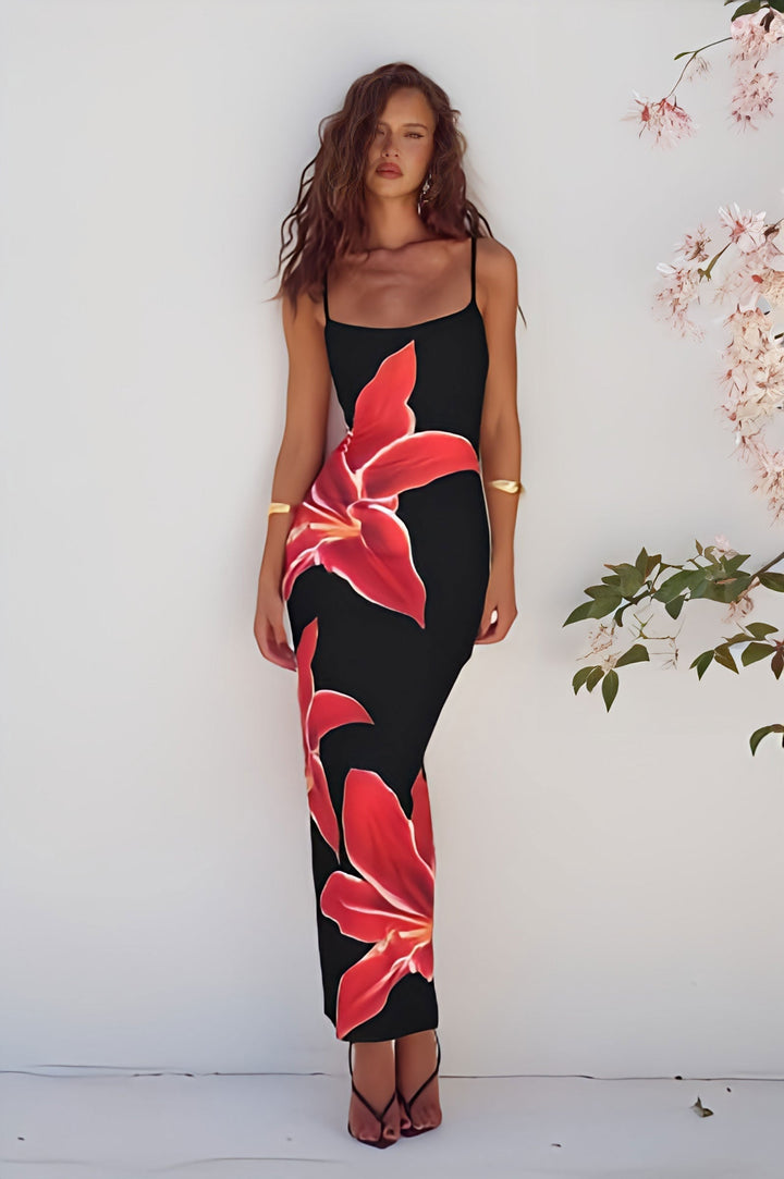 Stunning women's floral boho maxi dress; long, flowy, and perfect for resort wear or daily summer fashion.