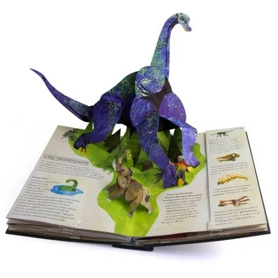 Two-page spread of a children's 3D dinosaur book showing a pop-up volcano & several prehistoric creatures.