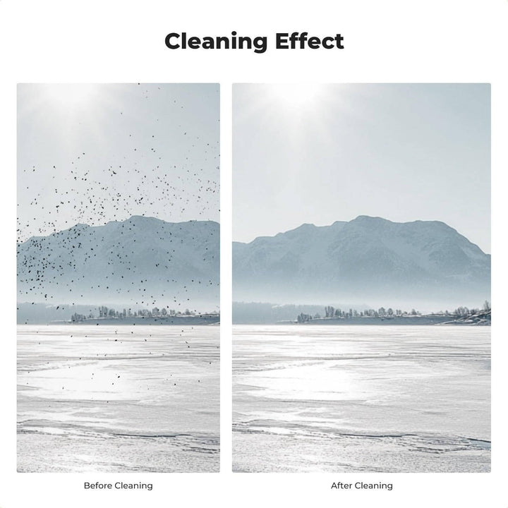Complete camera lens cleaning kit: dual-ended pen, powerful air blower, & microfiber cloth for clear optics.
