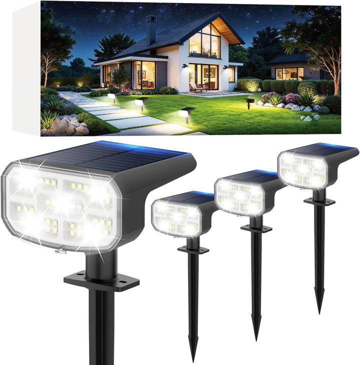 Energy-efficient solar spotlights, 4-pack, featuring auto sensor & dual brightness for outdoor security.