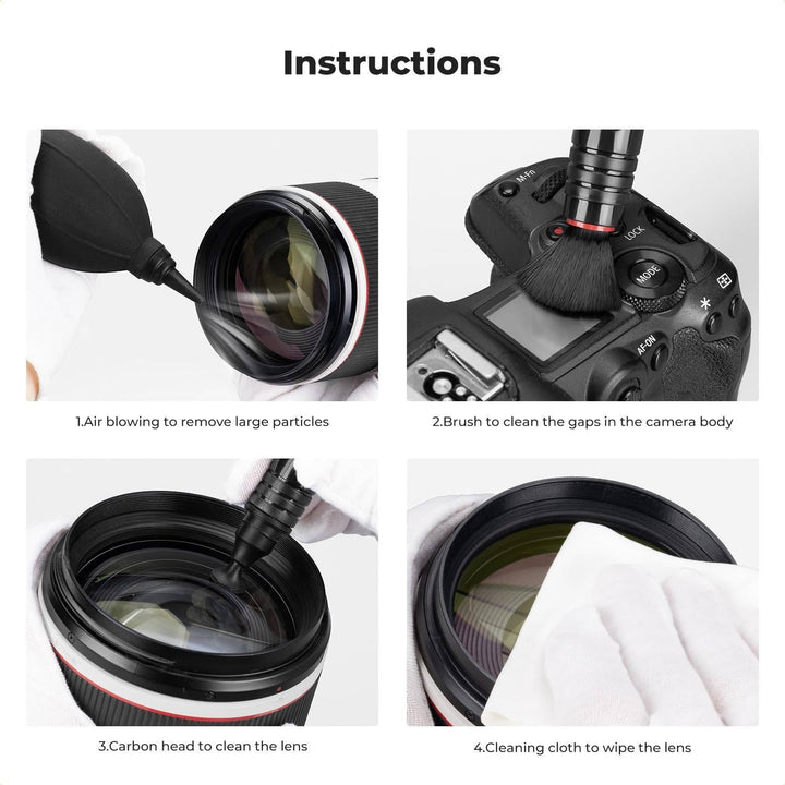 Essential camera cleaning kit with compact lens pen, air blower, and soft cloth for on-the-go photography.