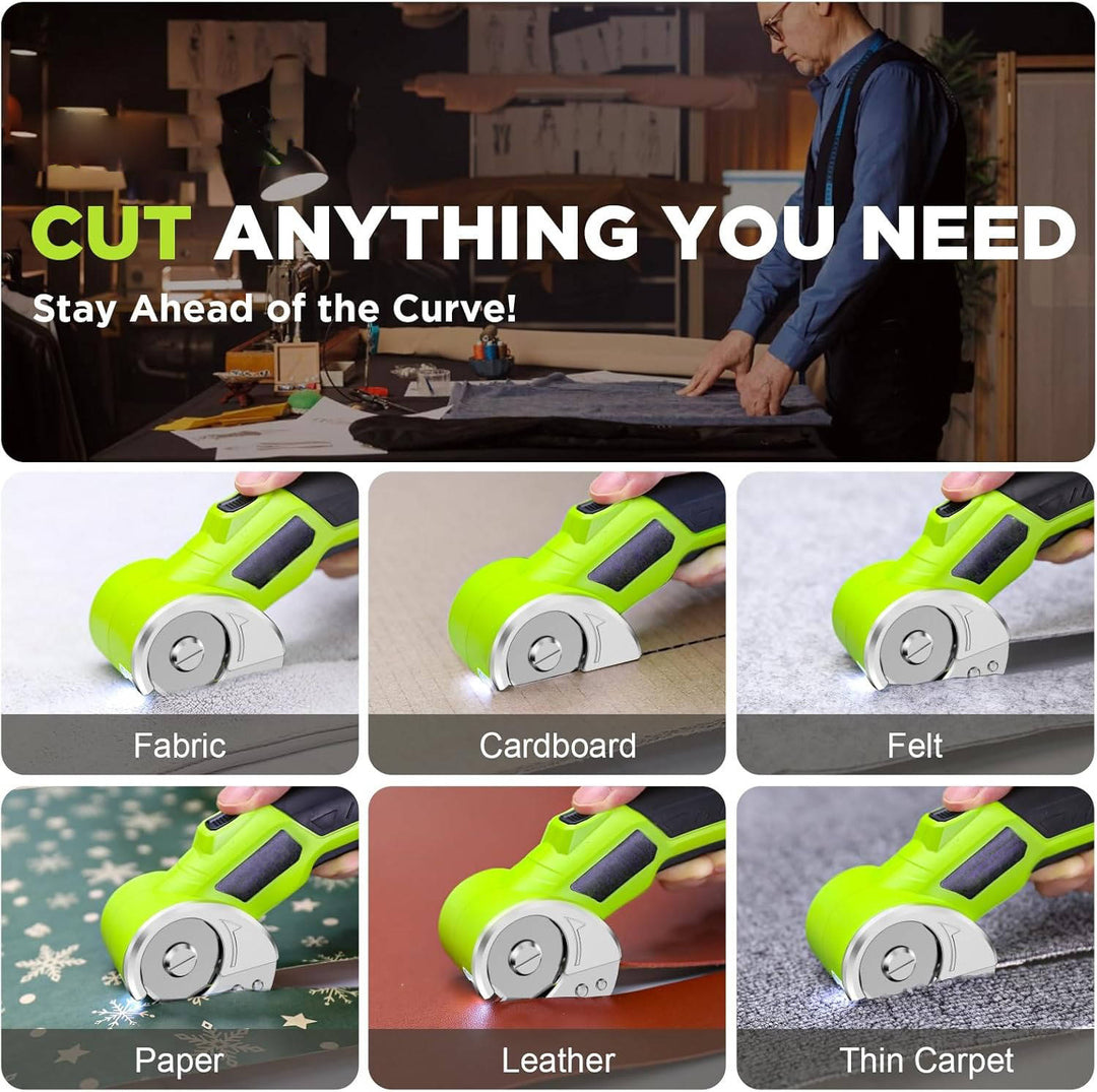 Heavy-duty cordless electric fabric cutter for textiles, upholstery, & sewing projects. Rechargeable with LED light.