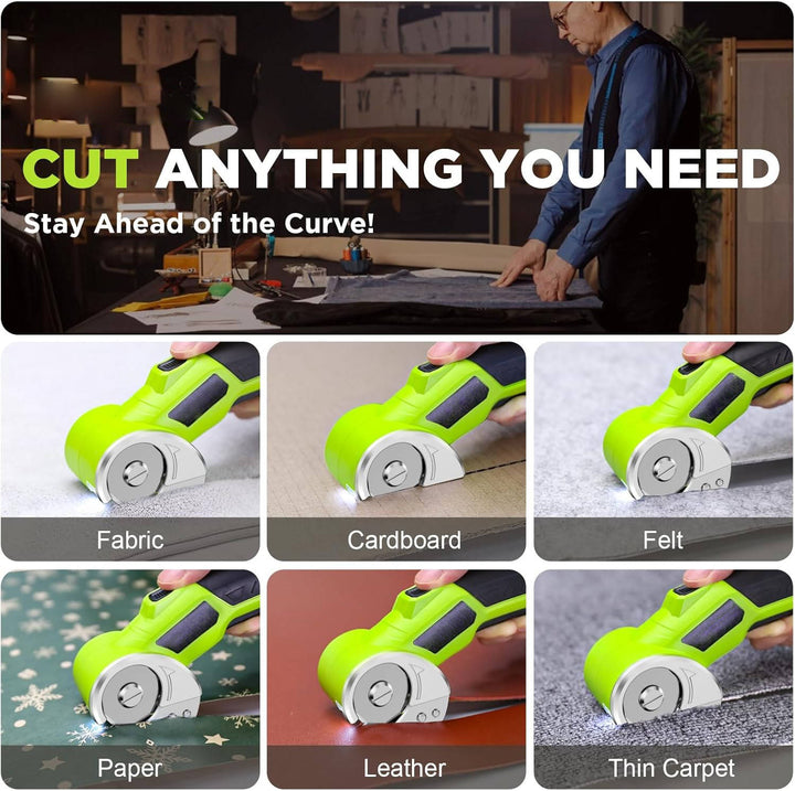 Heavy-duty cordless electric fabric cutter for textiles, upholstery, & sewing projects. Rechargeable with LED light.