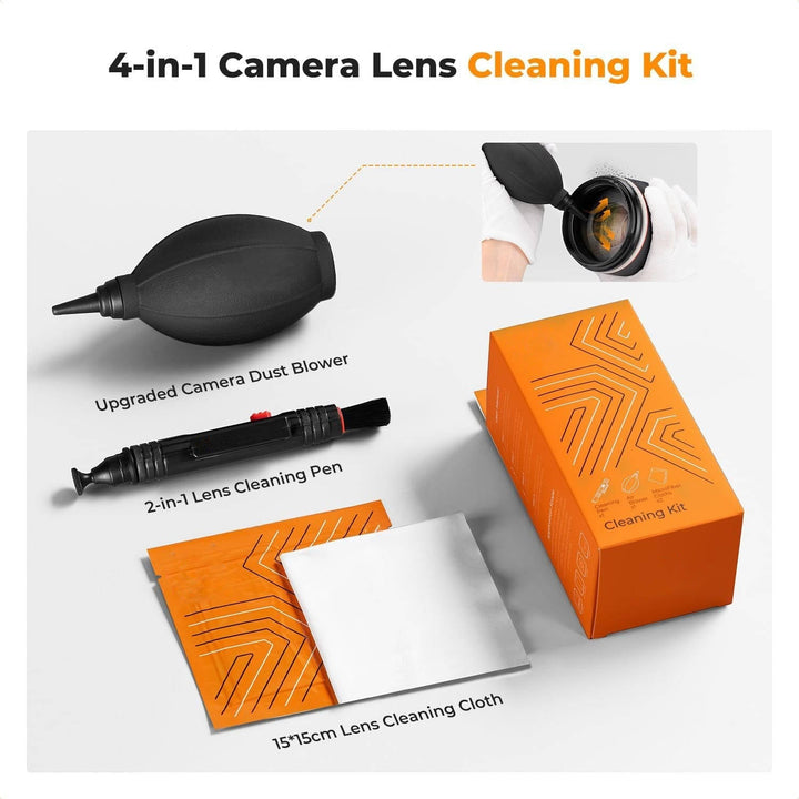 Professional photography gear maintenance kit: lens cleaning pen, air blower, & cloth for camera care.