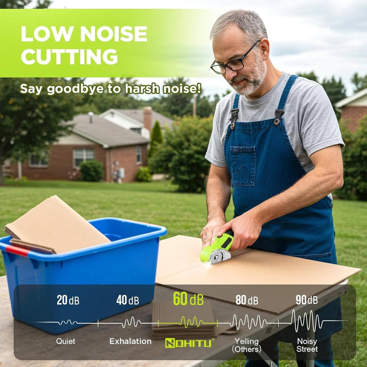 Cordless electric cardboard cutter with LED work light for DIY, craft, & workshop tasks. Rechargeable power tool.