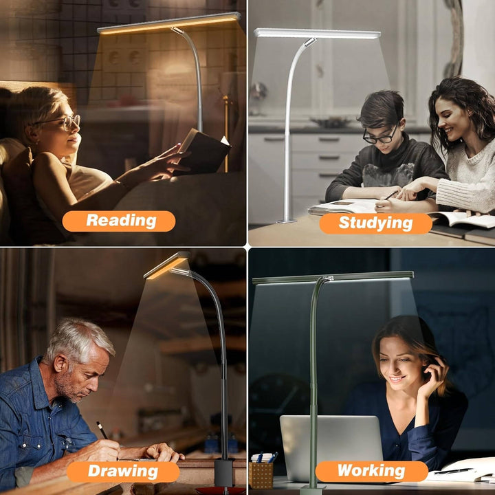 Ergonomic gooseneck LED desk lamp, fully adjustable light with stepless dimming & color for focused work.