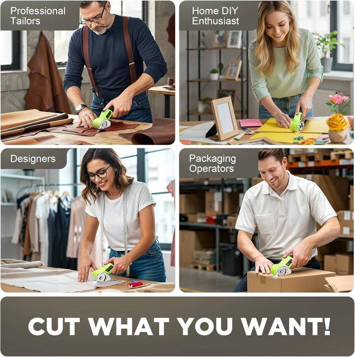 Hand holding cordless electric scissors, cutting fabric with integrated LED light for crafting & DIY projects.