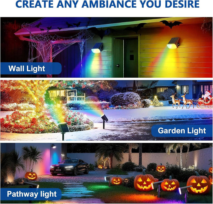 Durable outdoor solar landscape spotlights, 4-pack, with dual brightness settings & auto on/off sensor.