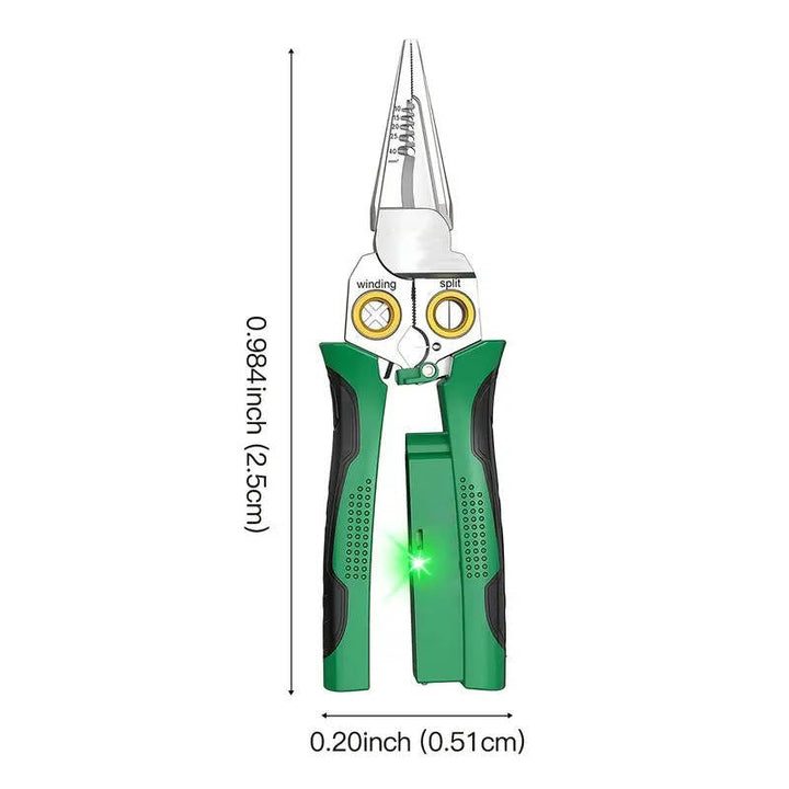 Durable 8-in-1 multi-tool for electrical work, featuring wire stripping, voltage testing, and cable cutting.