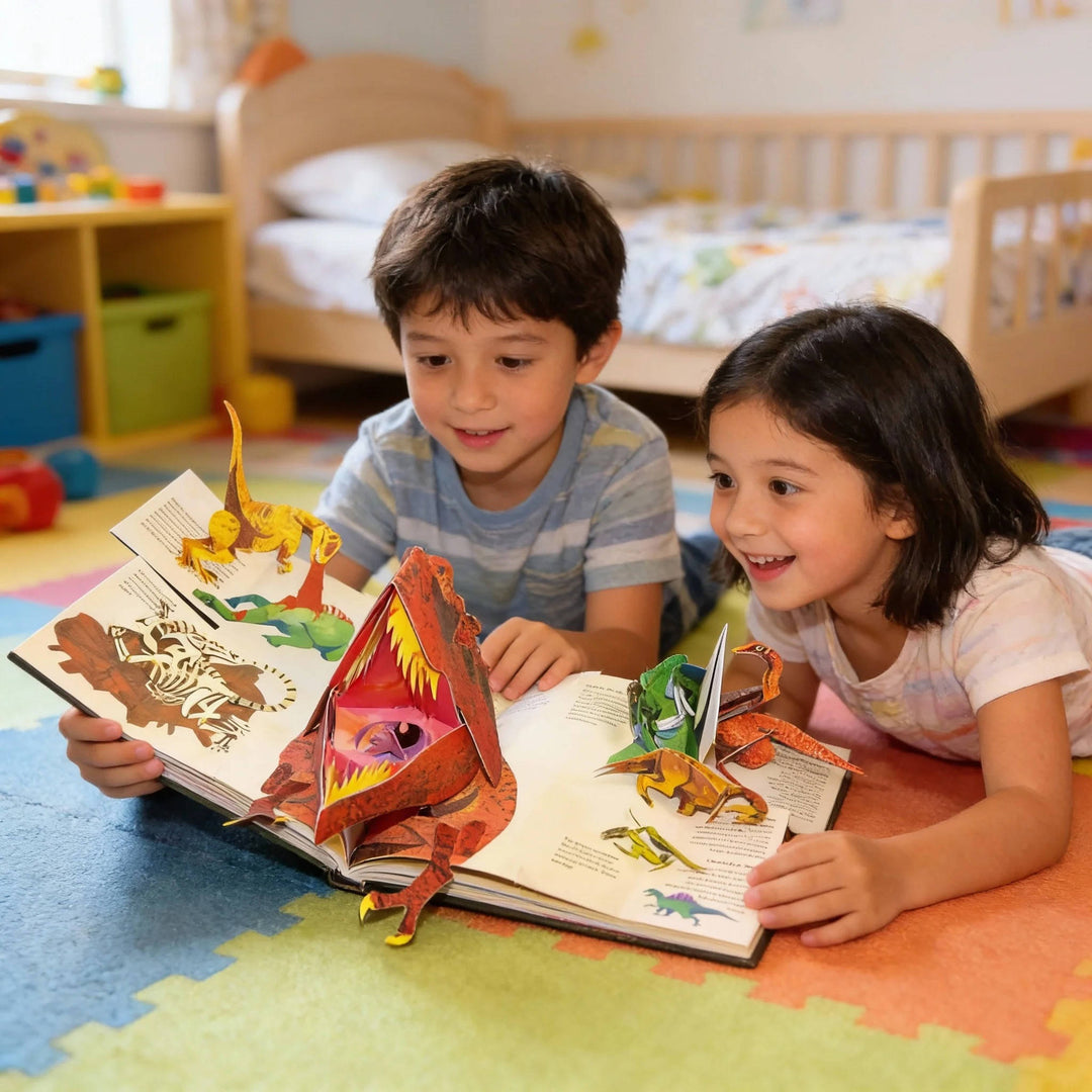 Vibrant Kids' Interactive Dinosaur Pop-Up Adventure Book open to a stunning 3D T-Rex, engaging children.