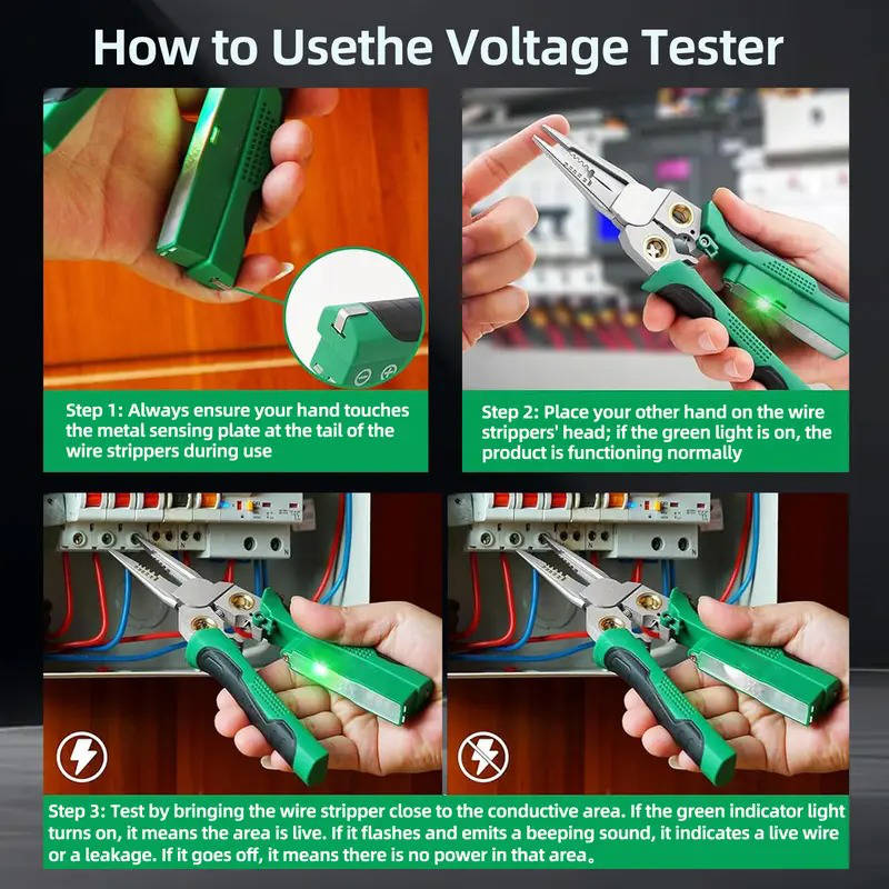Electrician's professional hand tool: wire stripper, voltage tester, crimper, & cable cutter for wiring.