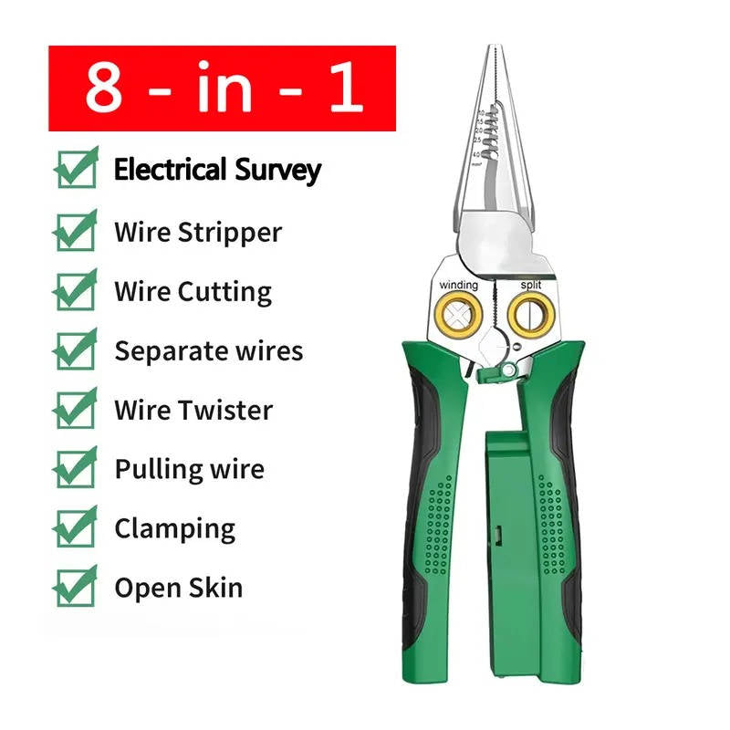 Versatile 8-in-1 electrical multi-tool with wire stripping, voltage testing, cutting, and crimping functions.