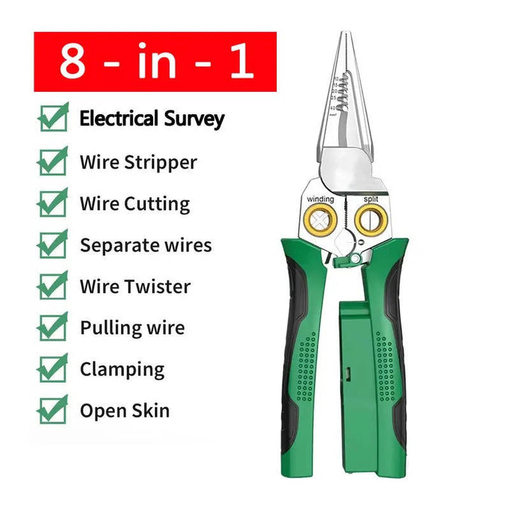 Versatile 8-in-1 electrical multi-tool with wire stripping, voltage testing, cutting, and crimping functions.