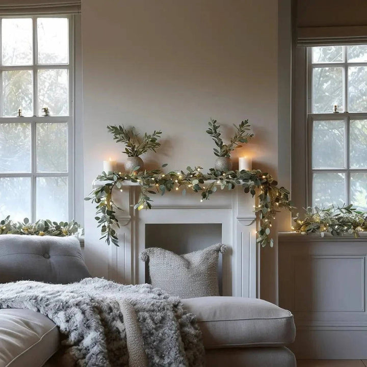 Indoor/outdoor artificial olive garland with integrated LED lights. Flexible, battery operated home decor greenery.