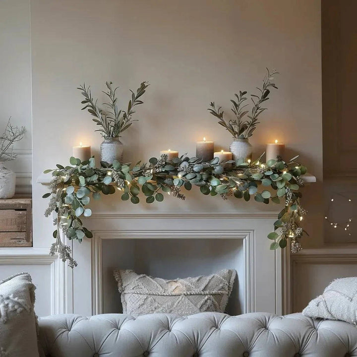 Decorative artificial olive garland with warm LED lights. Perfect for indoor/outdoor home & event decor.