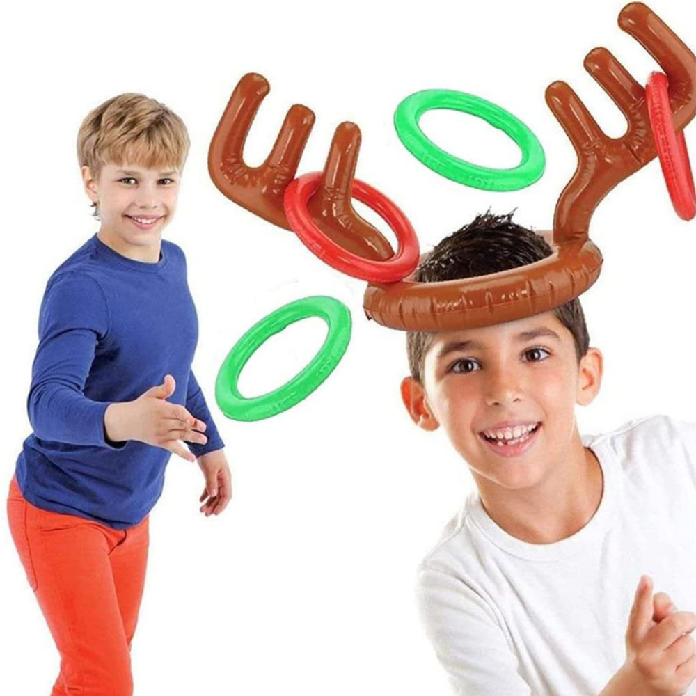 "Inflatable reindeer antler ring toss game with colorful rings, perfect for kids' Christmas parties and holiday fun."