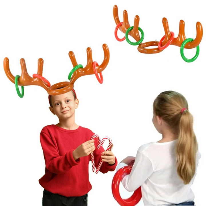 "Inflatable reindeer antler ring toss game with colorful rings, perfect for kids' Christmas parties and holiday fun."