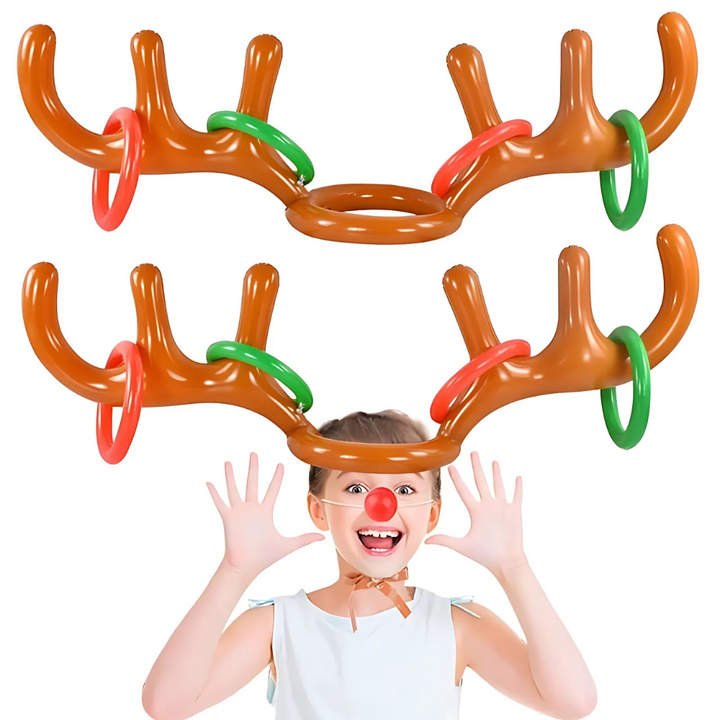 "Inflatable reindeer antler ring toss game with colorful rings, perfect for kids' Christmas parties and holiday fun."