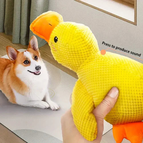 "Interactive calming duck toy for dogs, vibrant colors, durable, quacking sound for engaging play and stress relief."