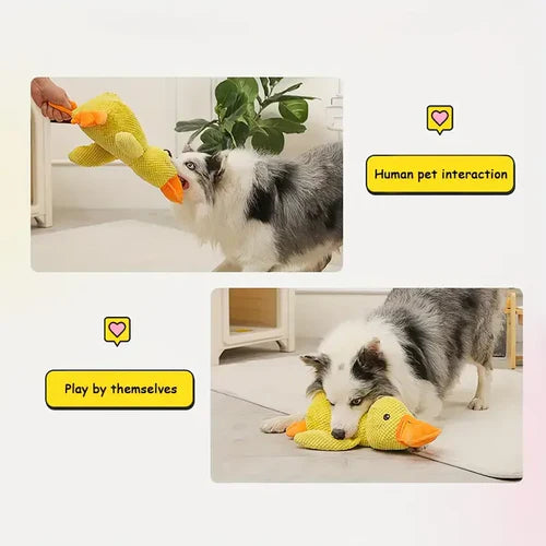 "Interactive calming duck toy for dogs, vibrant colors, durable, quacking sound for engaging play and stress relief."