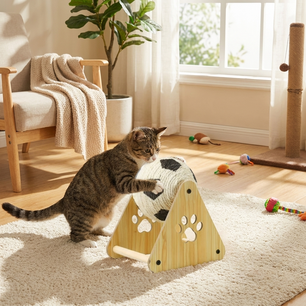 Interactive cat scratching ball with natural hemp rope, perfect for feline claw care & enrichment play.