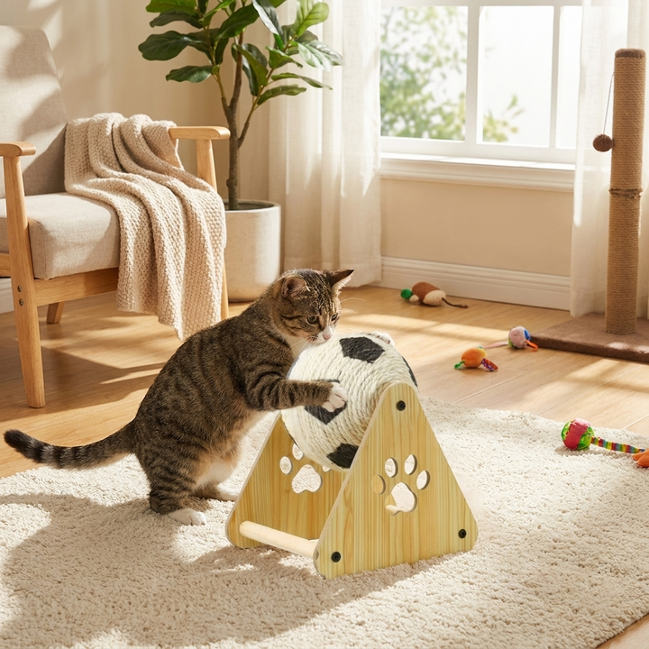 Interactive cat scratching ball with natural hemp rope, perfect for feline claw care & enrichment play.